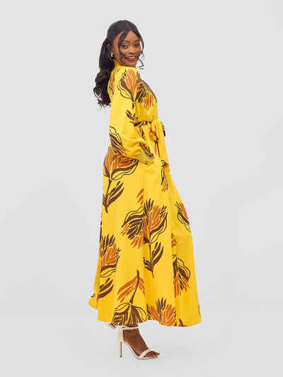 Vivo Ayah Shirred Neck Tent Maxi Dress - Yellow / Chocolate Yana Print - Shopzetu