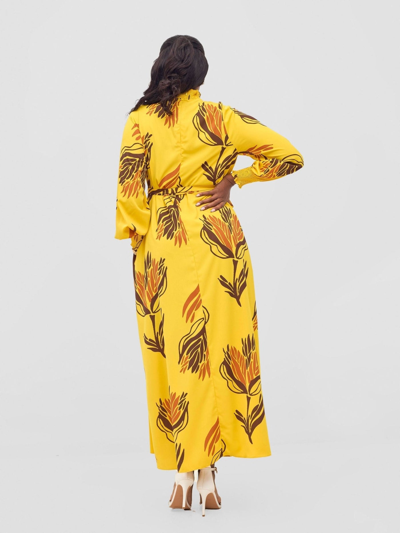 Vivo Ayah Shirred Neck Tent Maxi Dress - Yellow / Chocolate Yana Print - Shopzetu