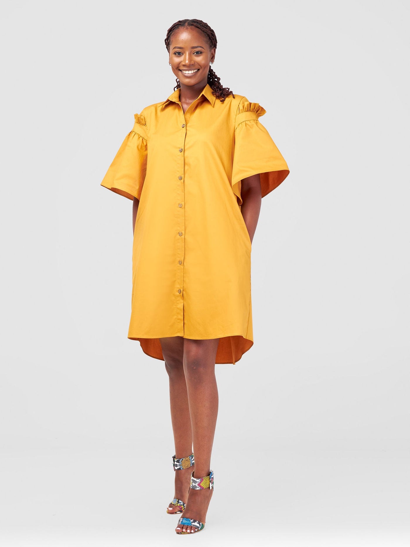 Safari by Vivo Mali Gathered Flounce Sleeve Shirt Dress - Mustard