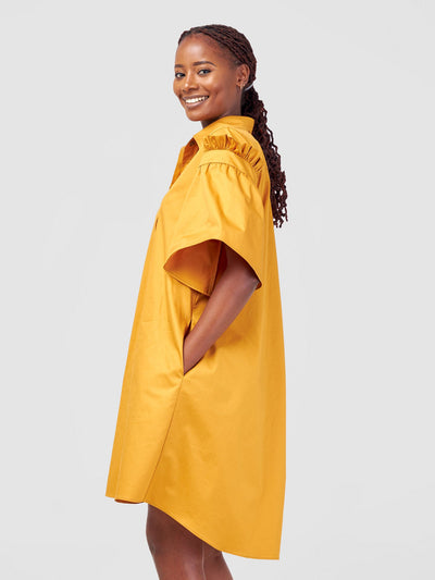 Safari by Vivo Mali Gathered Flounce Sleeve Shirt Dress - Mustard
