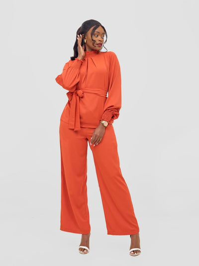 Vivo Ayah Bishop Sleeve Mock Neck Top - Burnt Orange - Shopzetu