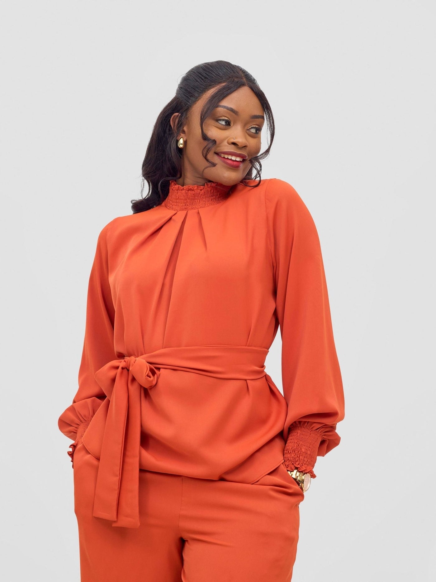 Vivo Ayah Bishop Sleeve Mock Neck Top - Burnt Orange - Shopzetu