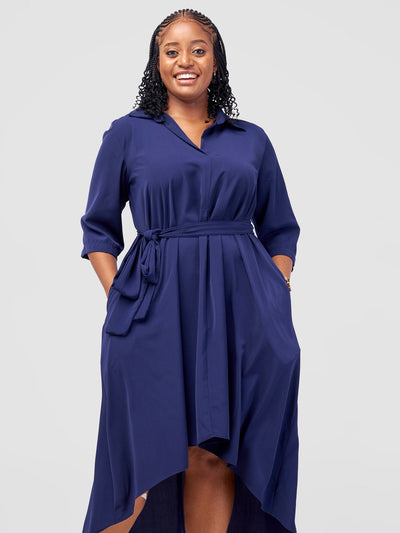 Vivo Yumi High Low Shirt Dress - Navy Blue - Shopzetu