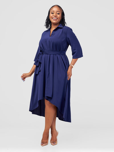 Vivo Yumi High Low Shirt Dress - Navy Blue - Shopzetu