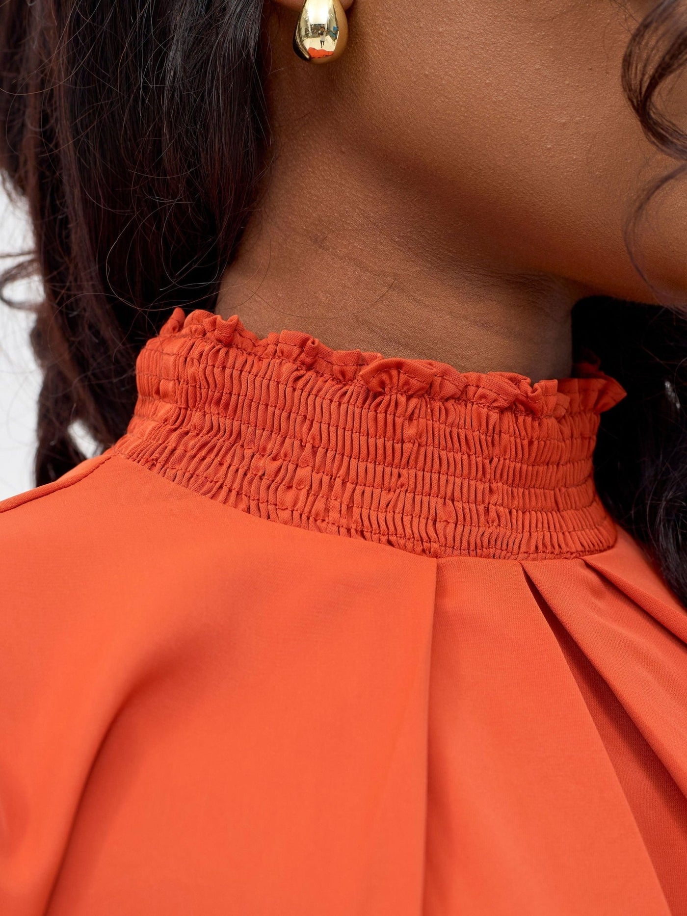 Vivo Ayah Bishop Sleeve Mock Neck Top - Burnt Orange - Shopzetu