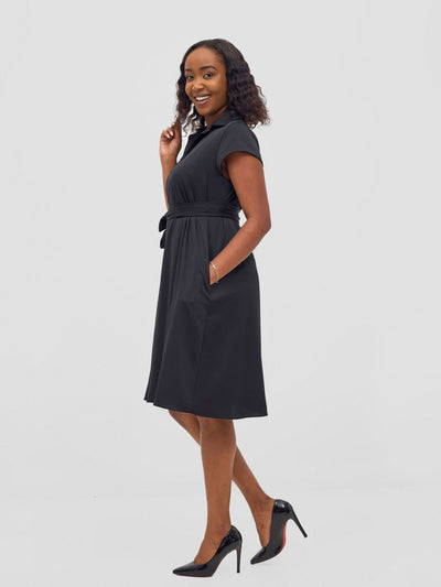 Vivo Zuri Cap Sleeve Knee Length Dress - Black - Shopzetu