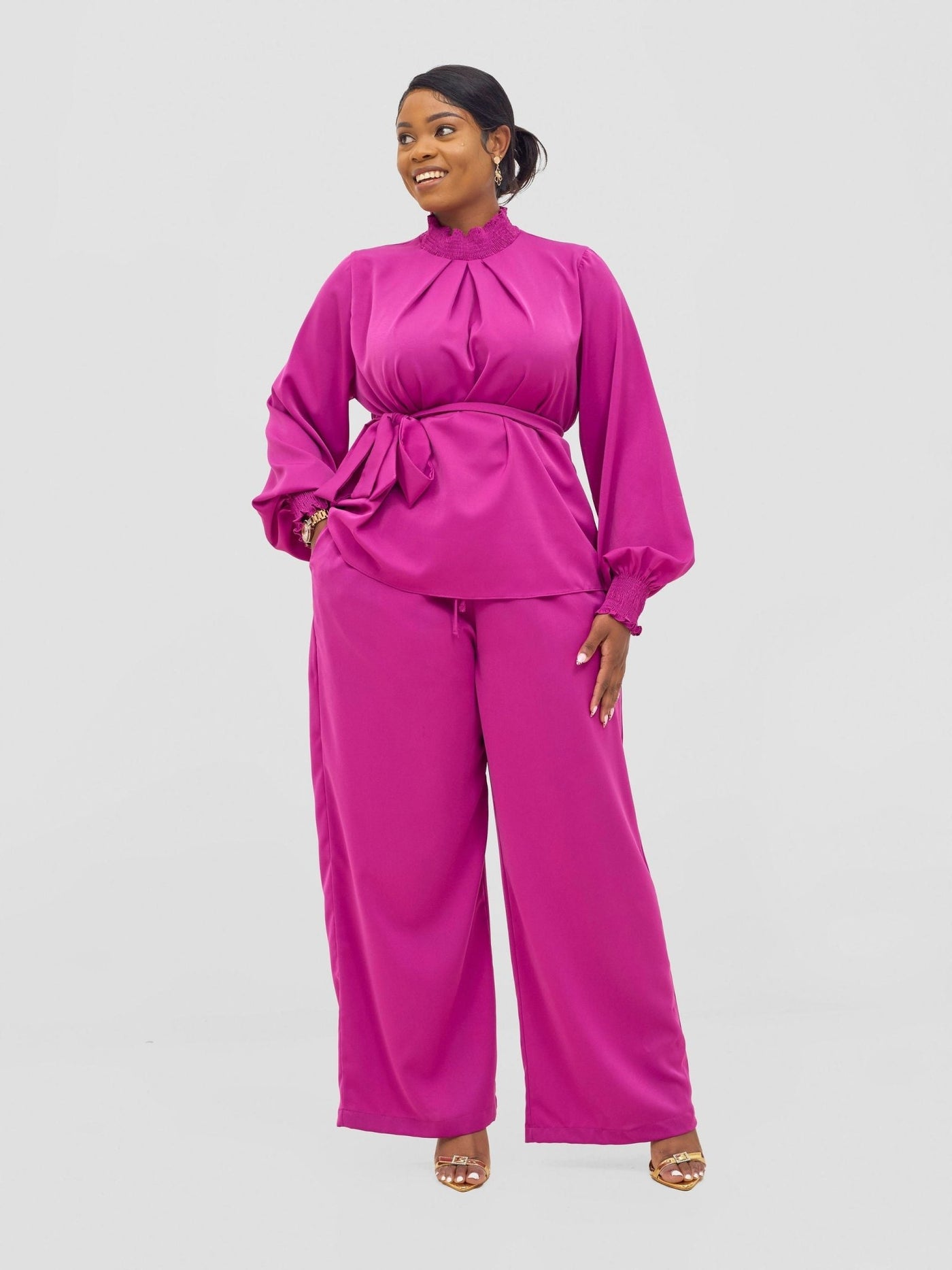 Vivo Ayah Bishop Sleeve Mock Neck Top - Purple - Shopzetu