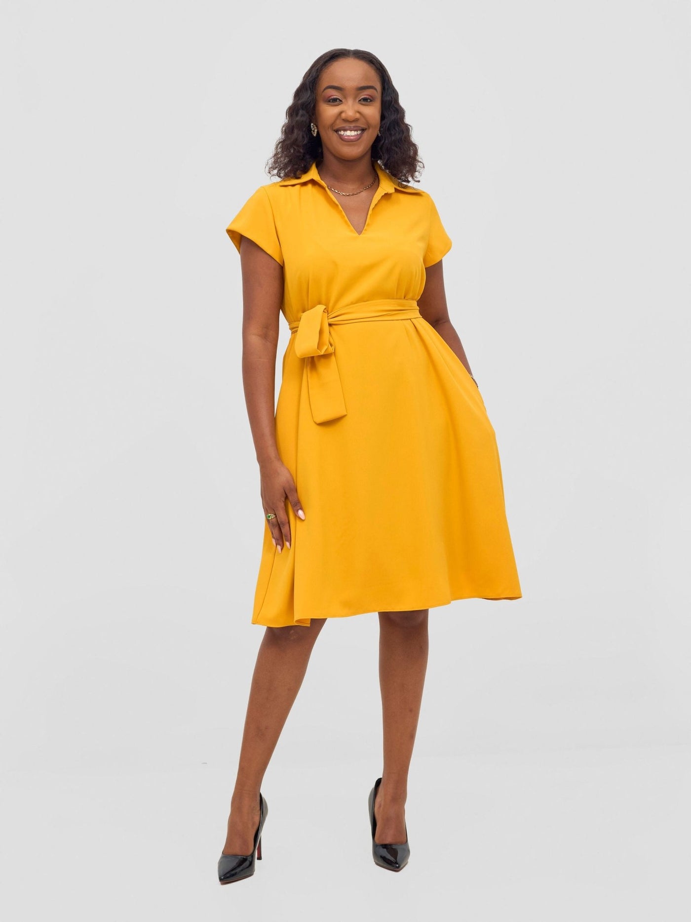 Vivo Zuri Cap Sleeve Knee Length Dress - Light Mustard - Shopzetu