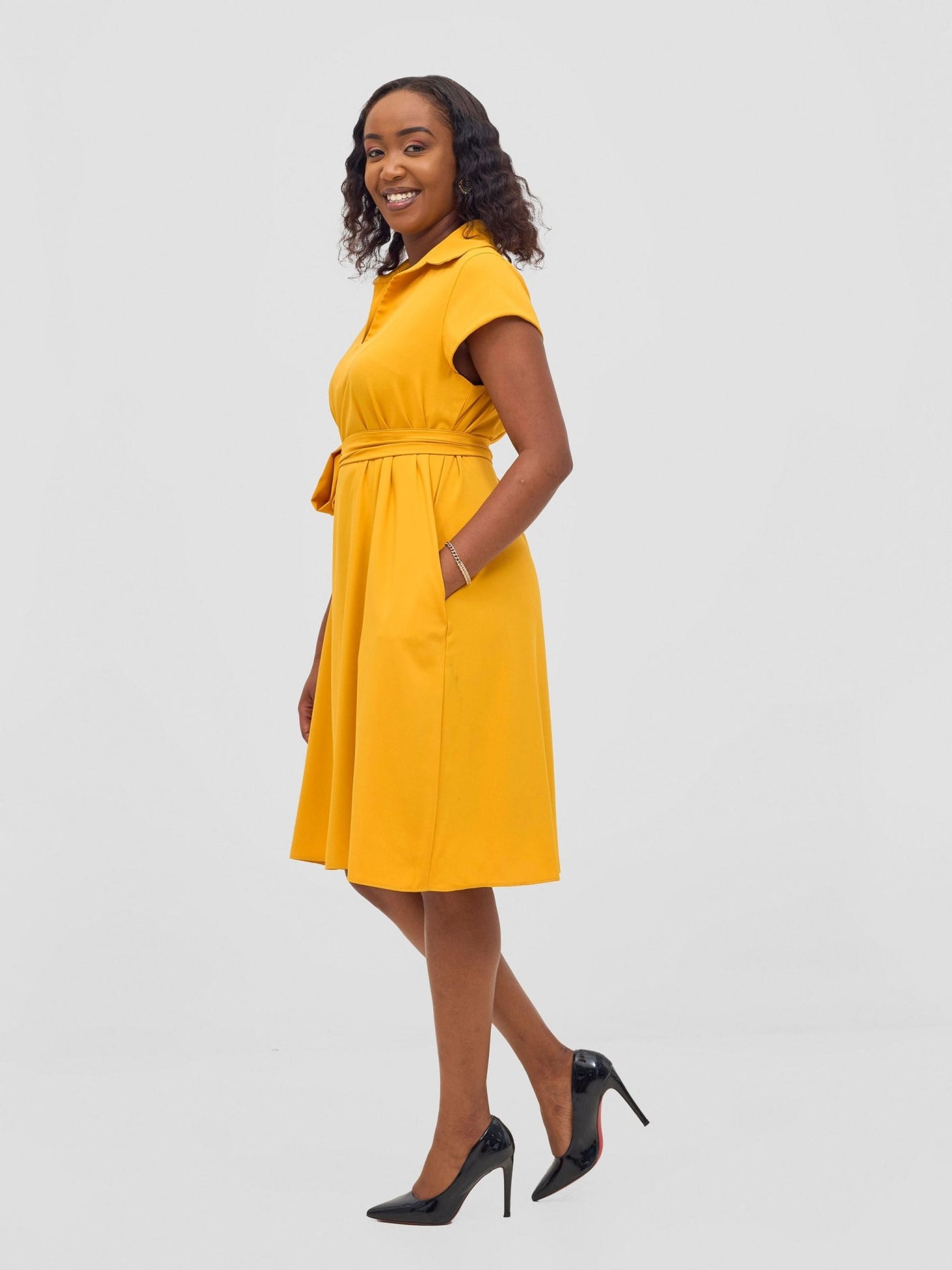 Vivo Zuri Cap Sleeve Knee Length Dress - Light Mustard - Shopzetu