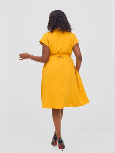 Vivo Zuri Cap Sleeve Knee Length Dress - Light Mustard - Shopzetu