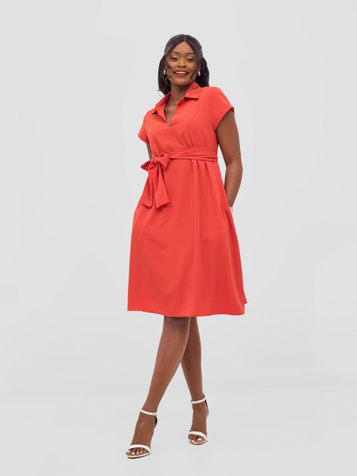 Vivo Zuri Cap Sleeve Knee Length Dress - Coral - Shopzetu