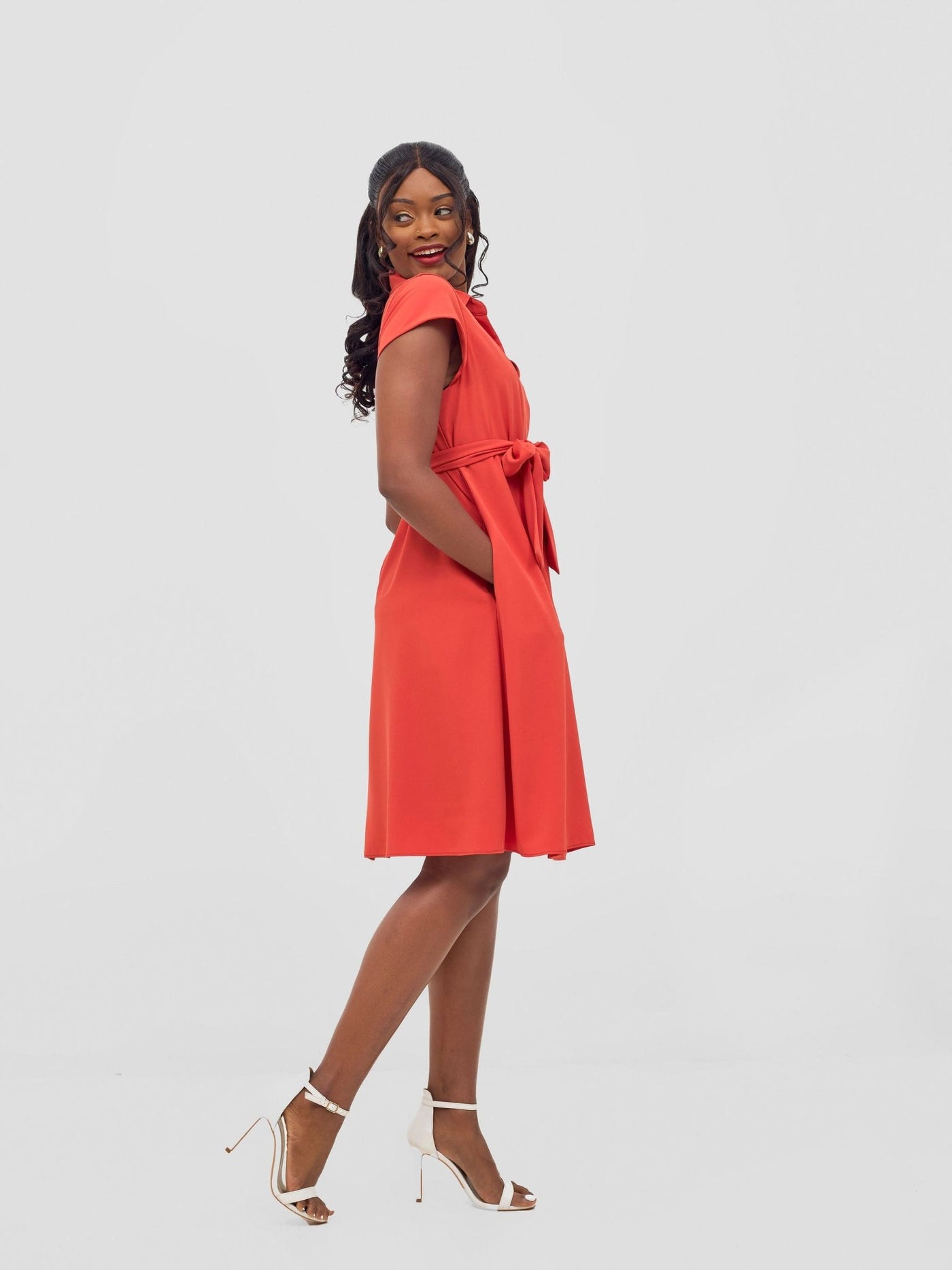 Vivo Zuri Cap Sleeve Knee Length Dress - Coral - Shopzetu