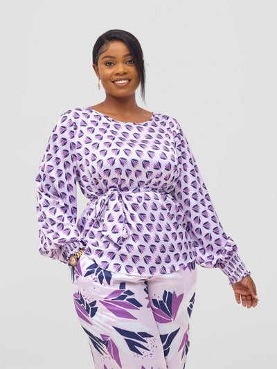 Vivo Ayah Shirred Cuff Loose Top - Lilac / Navy Ullu Print - Shopzetu