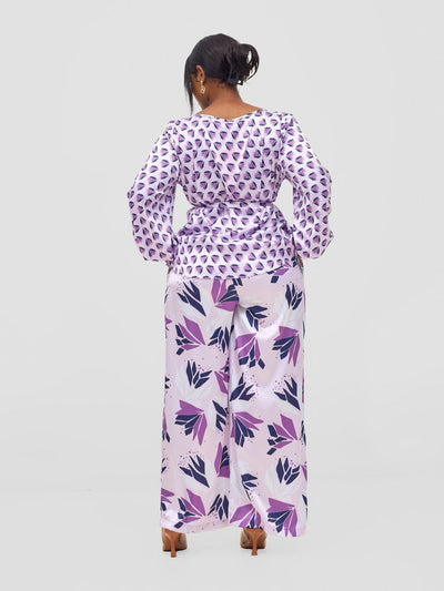 Vivo Ayah Shirred Cuff Loose Top - Lilac / Navy Ullu Print - Shopzetu