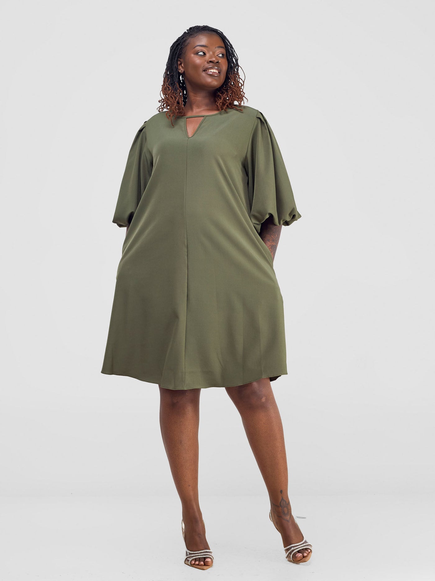 Vivo Esna Puff Sleeve Tent Dress - Army Green