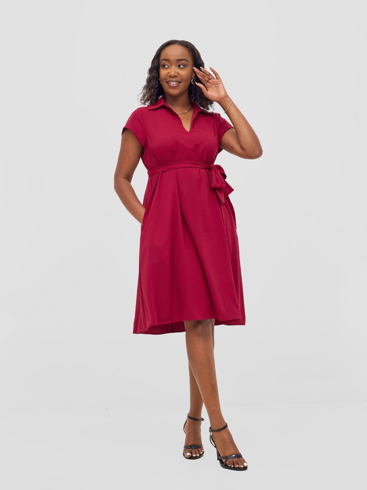 Vivo Zuri Cap Sleeve Knee Length Dress - Maroon - Shopzetu