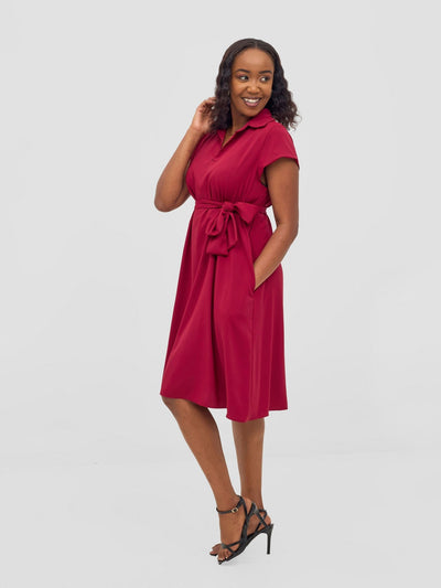 Vivo Zuri Cap Sleeve Knee Length Dress - Maroon - Shopzetu