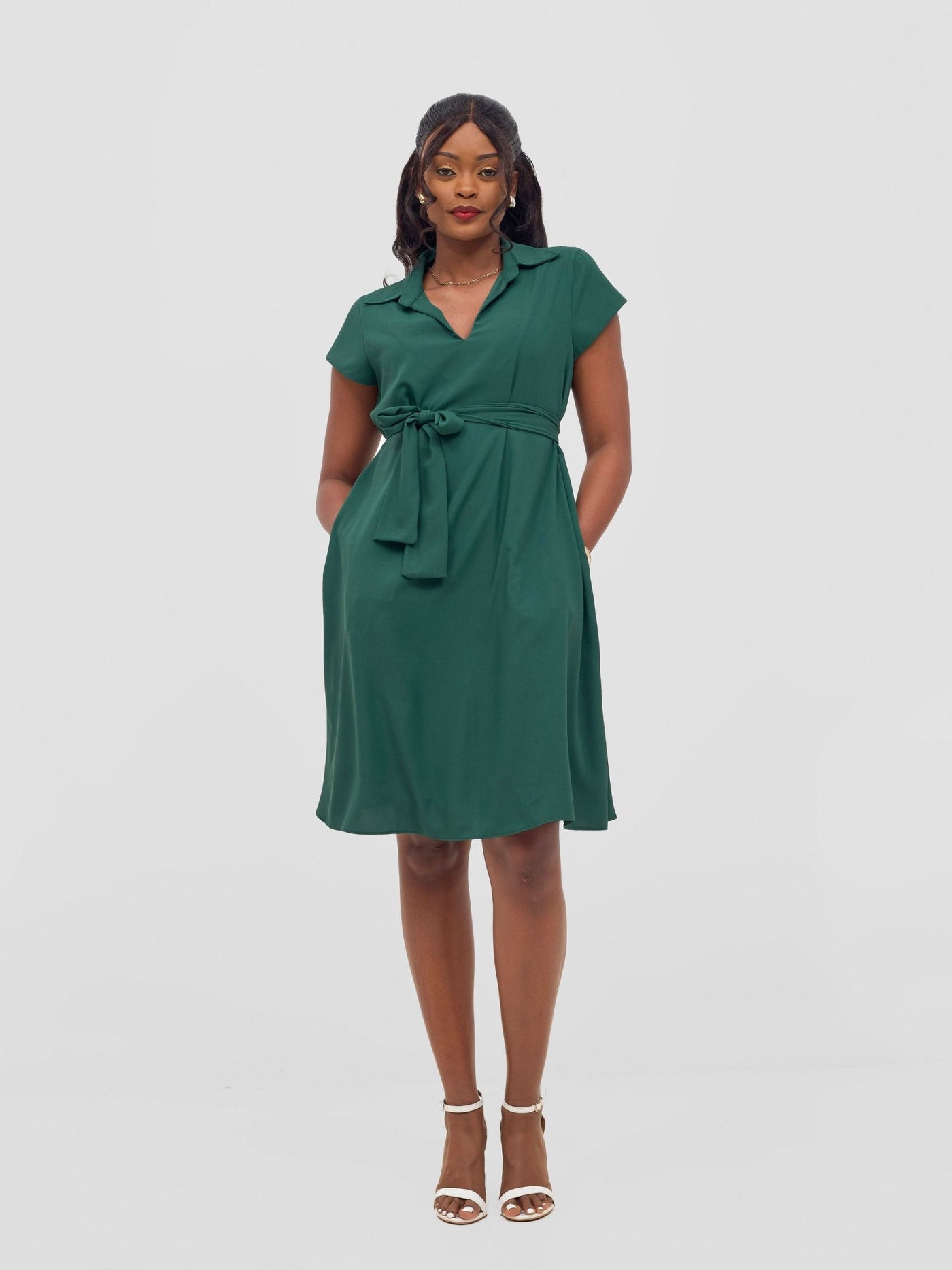 Vivo Zuri Cap Sleeve Knee Length Dress - Dark Green - Shopzetu