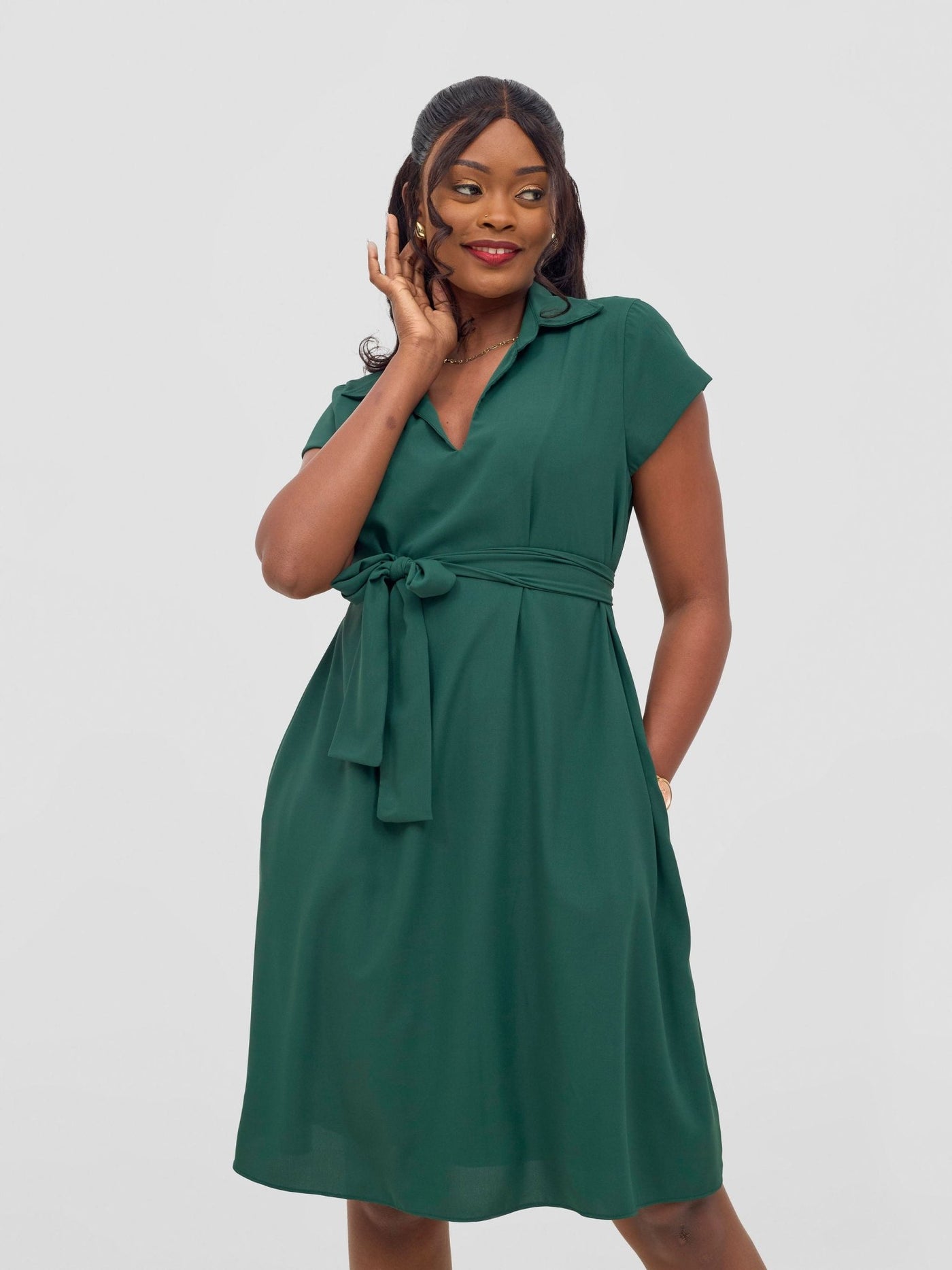 Vivo Zuri Cap Sleeve Knee Length Dress - Dark Green - Shopzetu