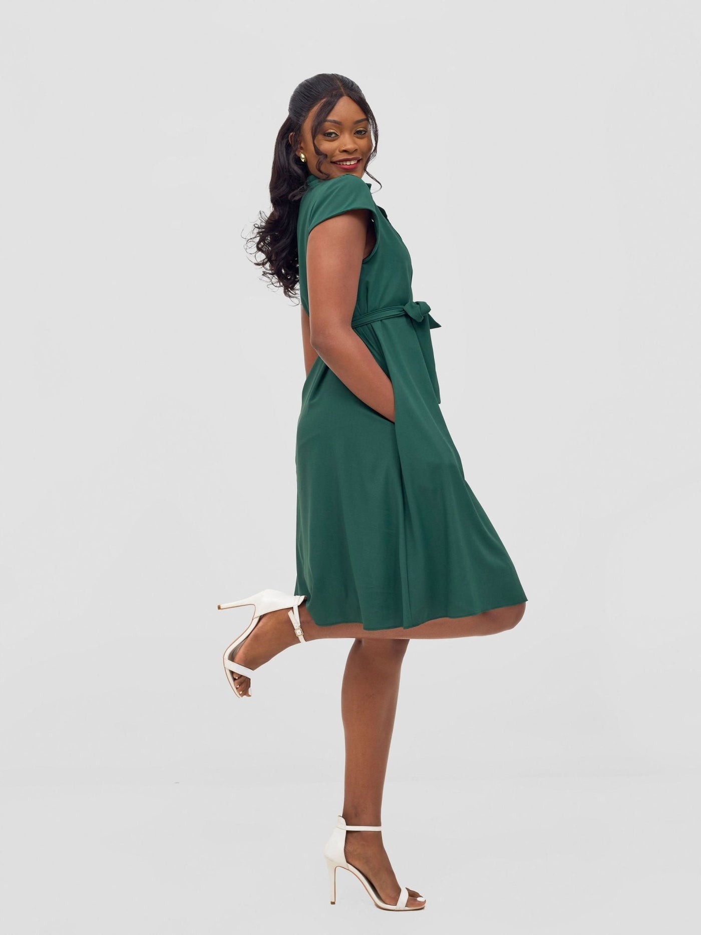 Vivo Zuri Cap Sleeve Knee Length Dress - Dark Green - Shopzetu