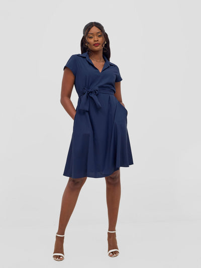 Vivo Zuri Cap Sleeve Knee Length Dress - Navy - Shopzetu