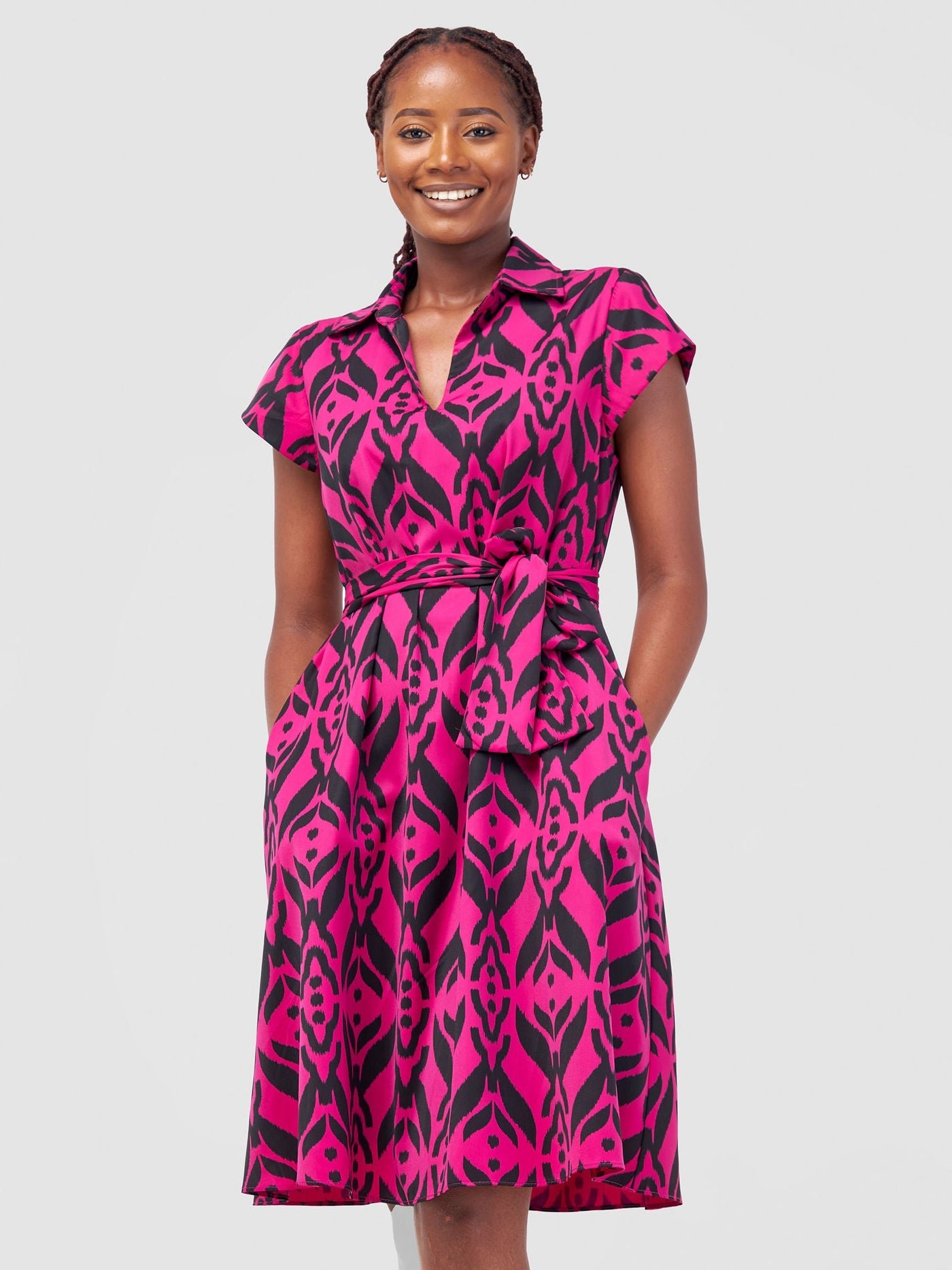 Vivo Zuri Cap Sleeve Knee Length Dress - Pink Ikat Print - Shopzetu