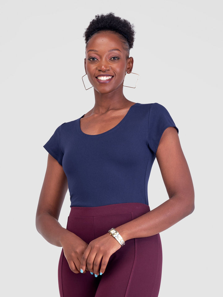 Vivo Basic Cap Sleeve Bodysuit in Rayon - Navy Blue