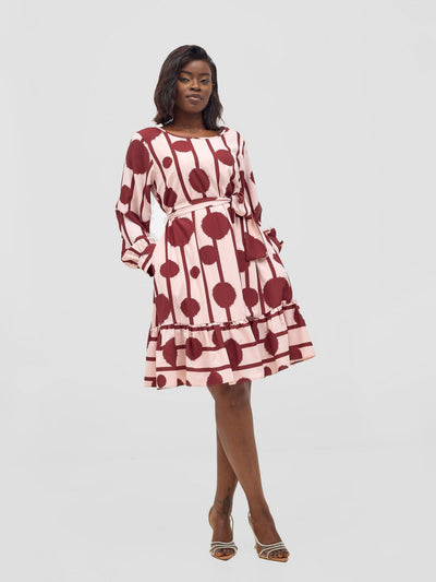 Vivo Serwa Tent Dress - Light Peach / Burgundy Doti Print - Shopzetu