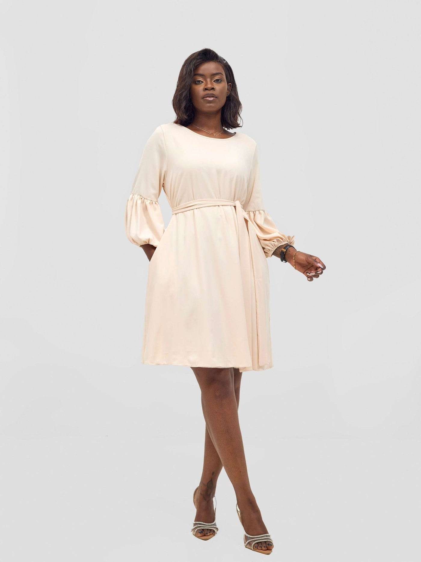 Vivo Zena Bishop Panel Long Sleeve Round Neck Dress - Buttermilk - Shopzetu