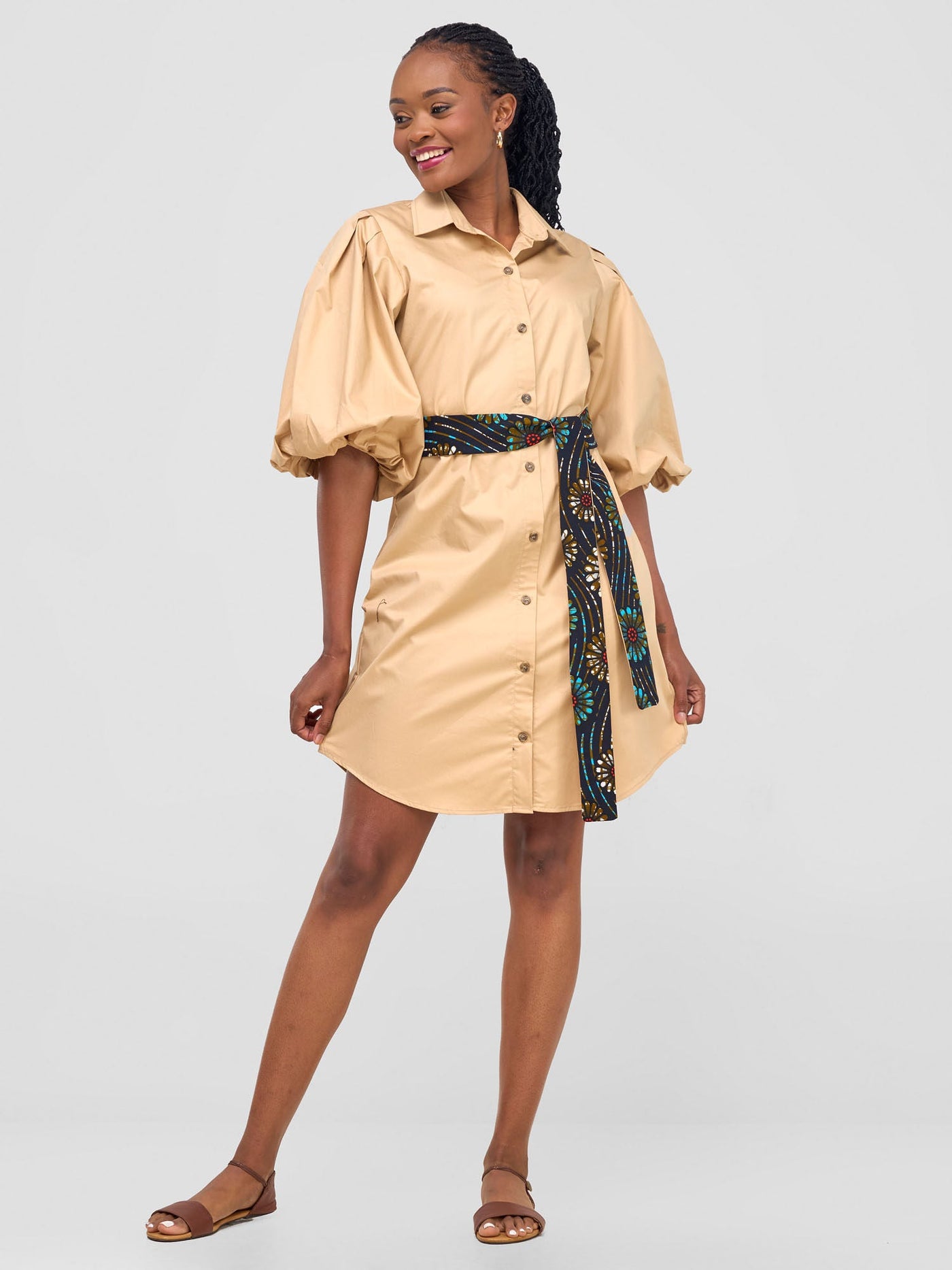 Safari by Vivo Mali Bishop Sleeve Shirt Dress - Khaki