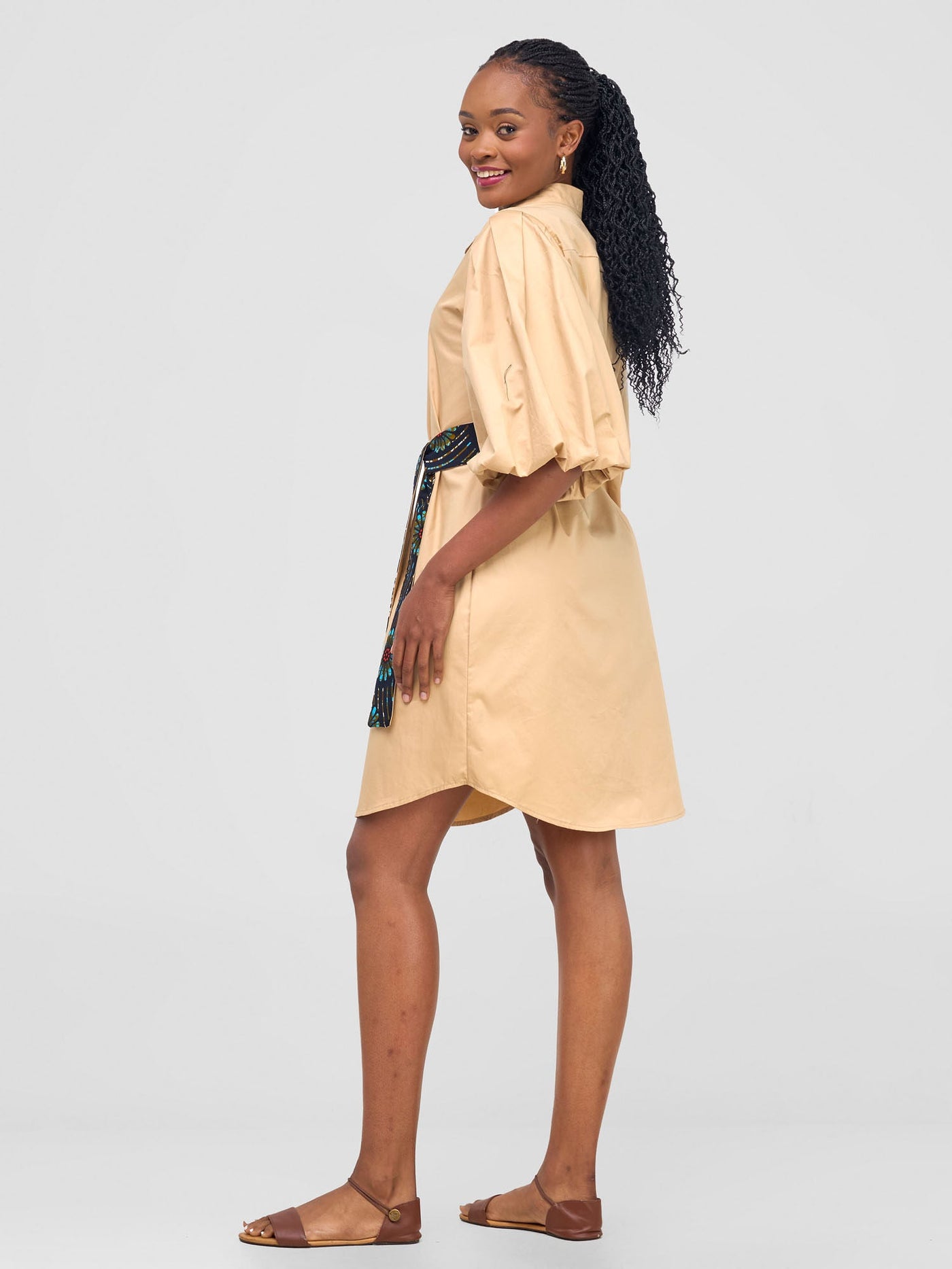 Safari by Vivo Mali Bishop Sleeve Shirt Dress - Khaki