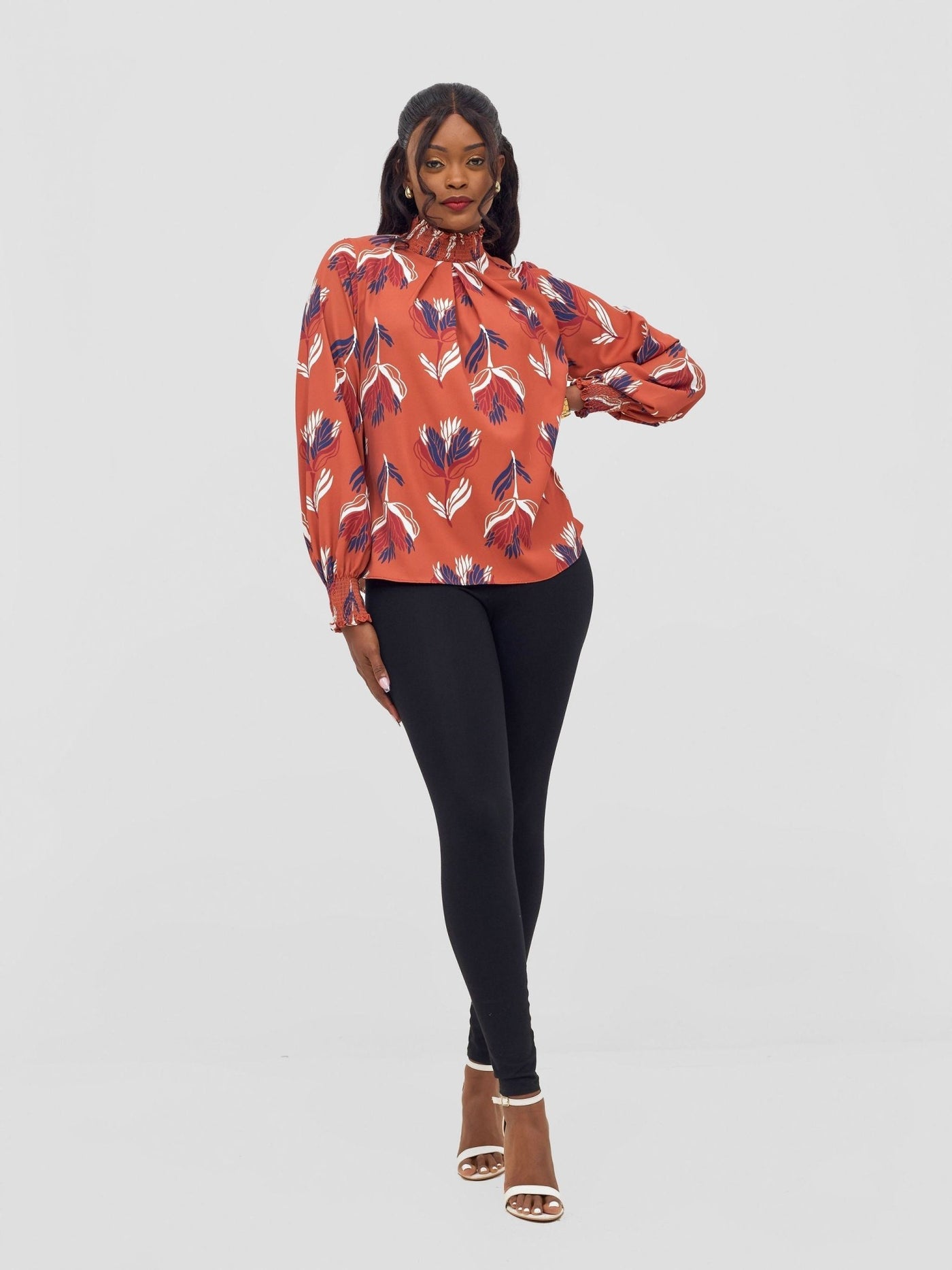 Vivo Ayah Bishop Sleeve Mock Neck Top - Rust / Navy Yana Print - Shopzetu