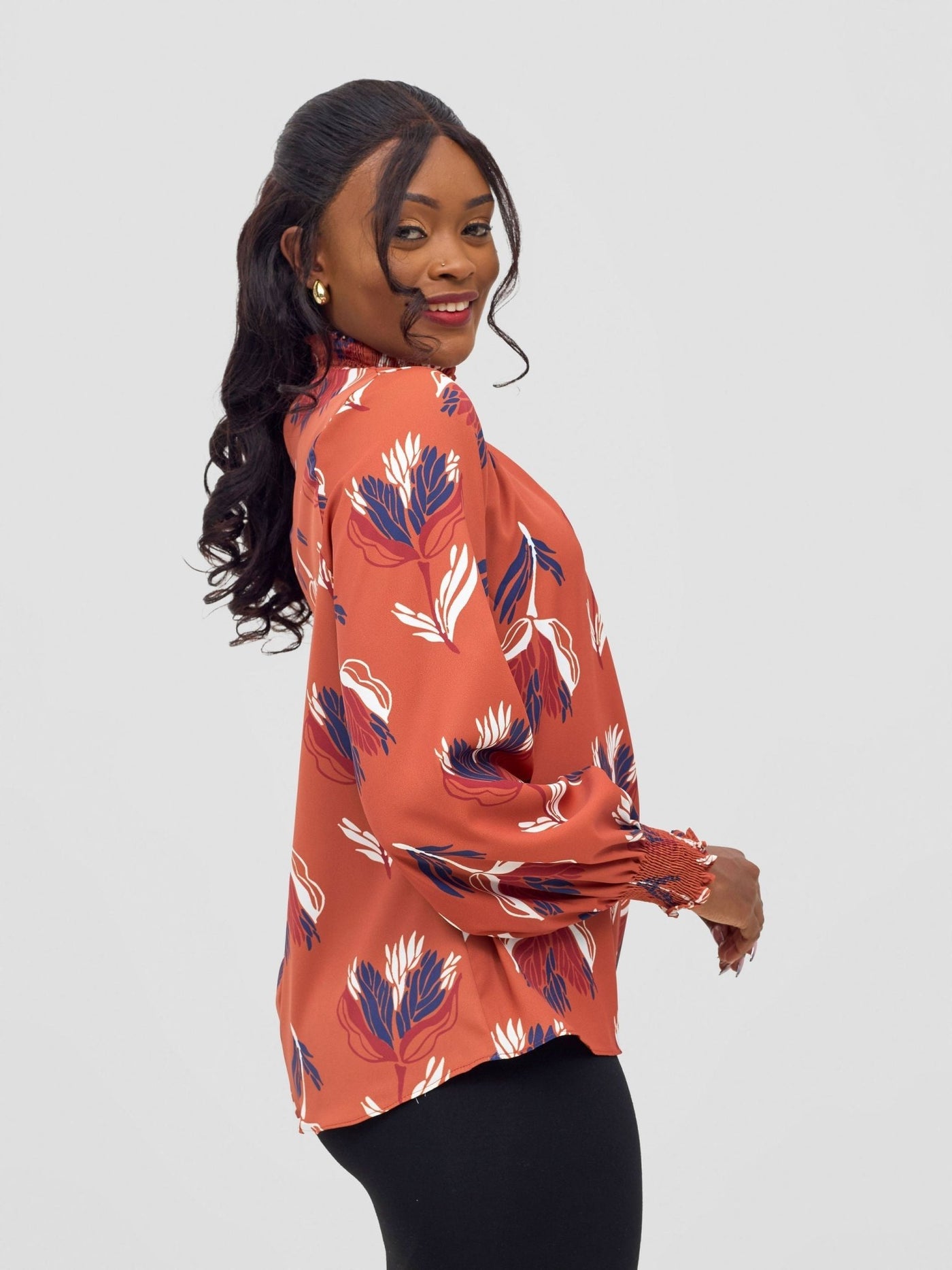 Vivo Ayah Bishop Sleeve Mock Neck Top - Rust / Navy Yana Print - Shopzetu