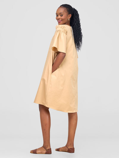 Safari by Vivo Mali Gathered Flounce Sleeve Tent Dress - Khaki