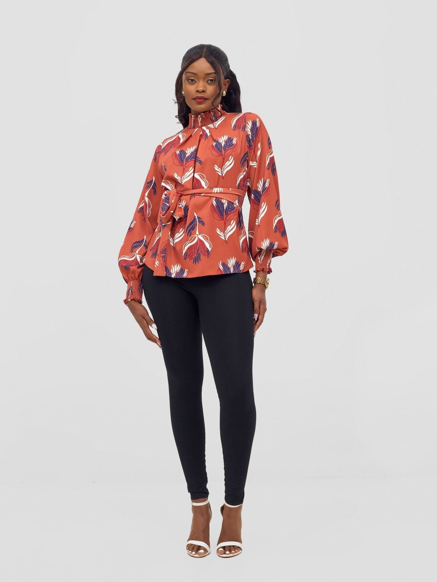 Vivo Ayah Bishop Sleeve Mock Neck Top - Rust / Navy Yana Print - Shopzetu