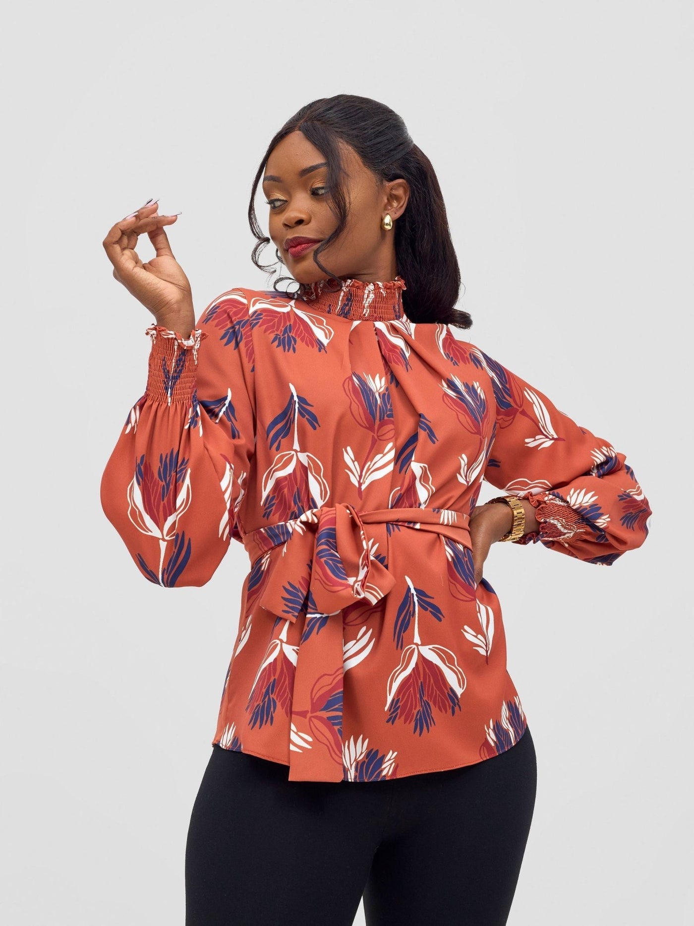 Vivo Ayah Bishop Sleeve Mock Neck Top - Rust / Navy Yana Print - Shopzetu