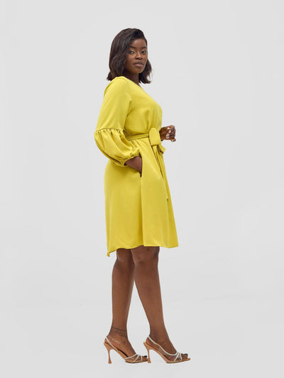 Vivo Zena Bishop Panel Long Sleeve Round Neck Dress - Lime Green - Shopzetu