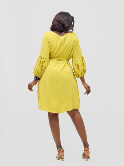 Vivo Zena Bishop Panel Long Sleeve Round Neck Dress - Lime Green - Shopzetu