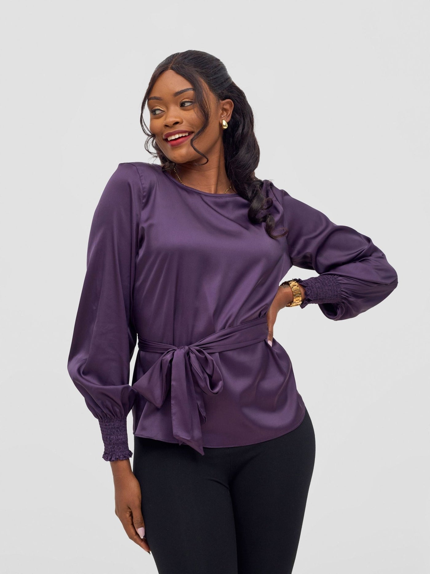 Vivo Ayah Shirred Cuff Loose Top - Dark Purple - Shopzetu