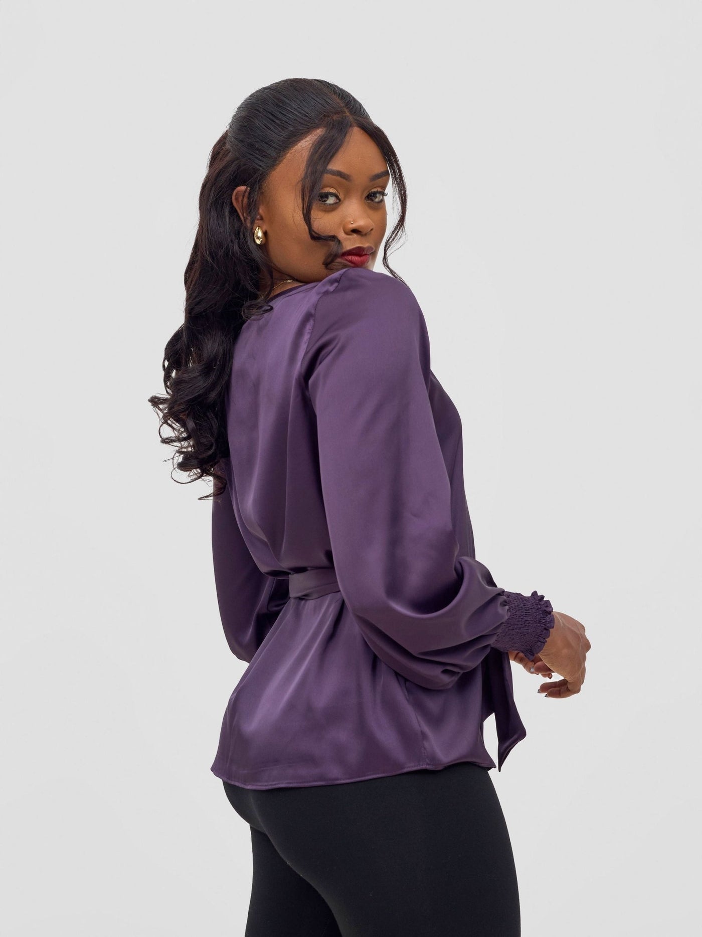 Vivo Ayah Shirred Cuff Loose Top - Dark Purple - Shopzetu