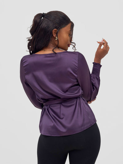 Vivo Ayah Shirred Cuff Loose Top - Dark Purple - Shopzetu