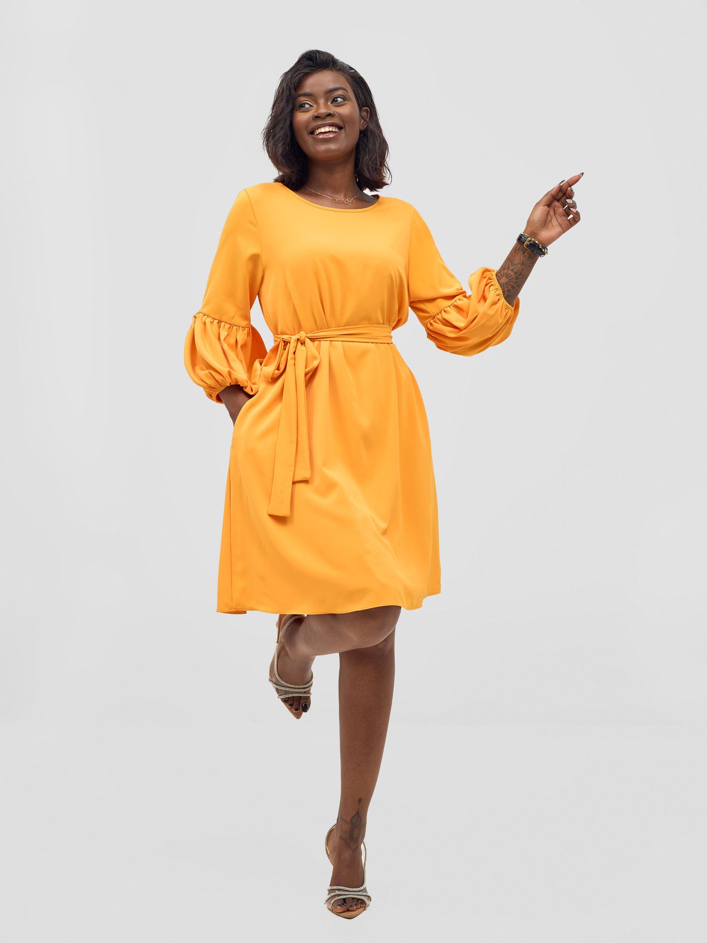 Vivo Zena Bishop Panel Long Sleeve Round Neck Dress - Light Orange