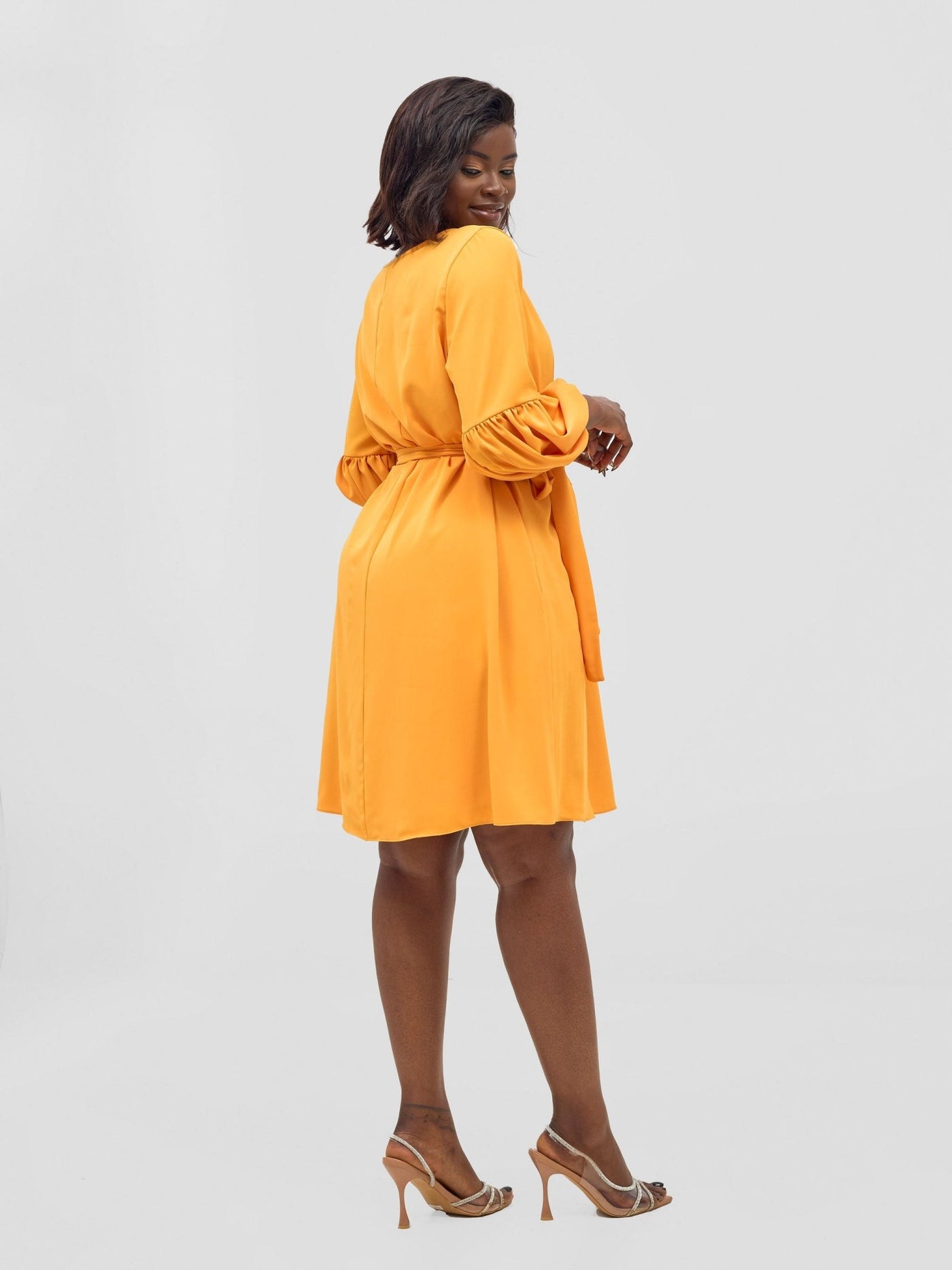 Vivo Zena Bishop Panel Long Sleeve Round Neck Dress - Light Orange - Shopzetu