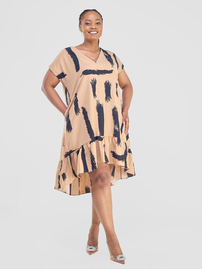 Vivo Asha Drop Shoulder Knee Length Dress - Tan / Black Print