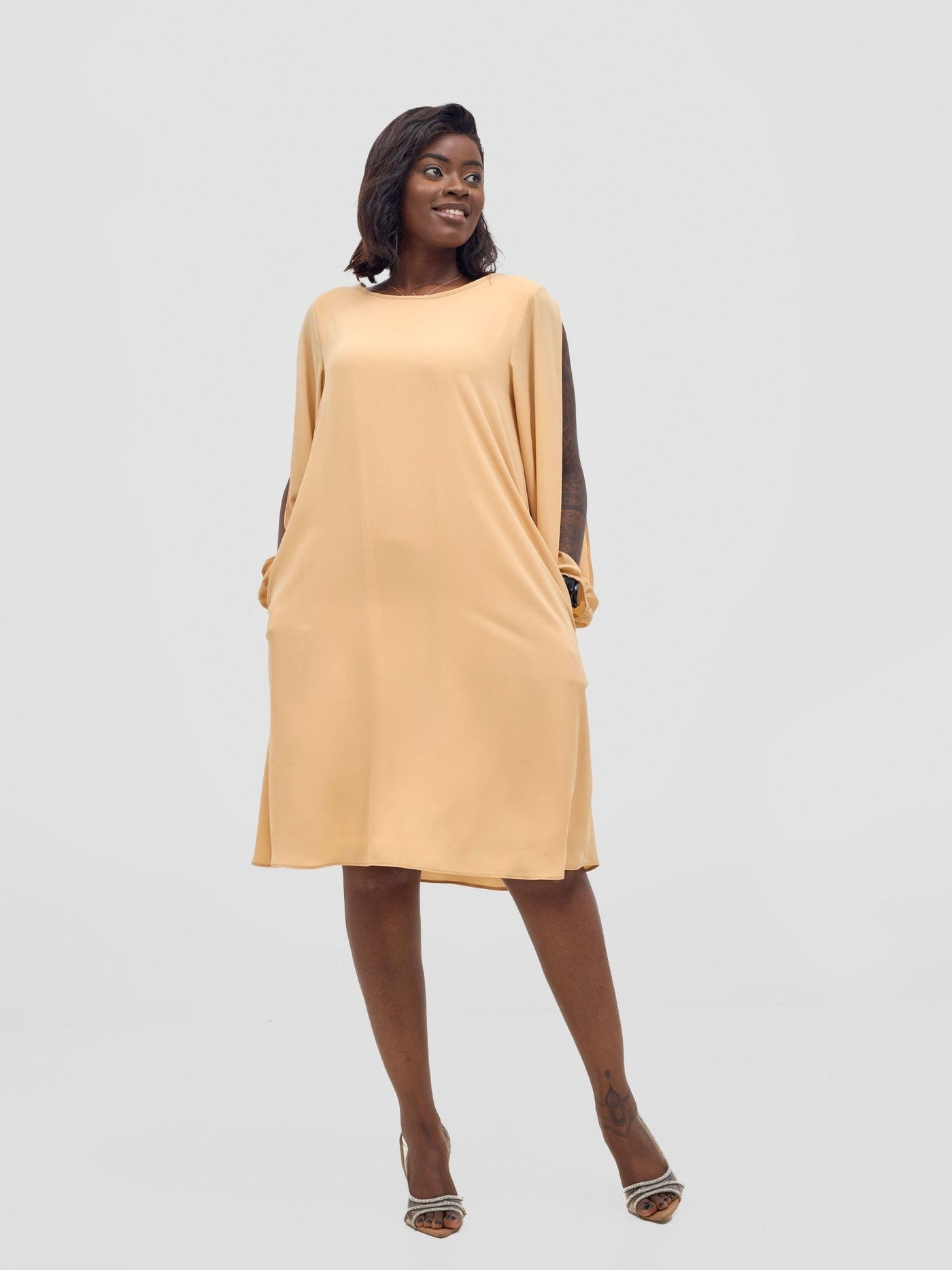 Vivo Lamu Knee Length Chiffon Dress - Beige - Shopzetu