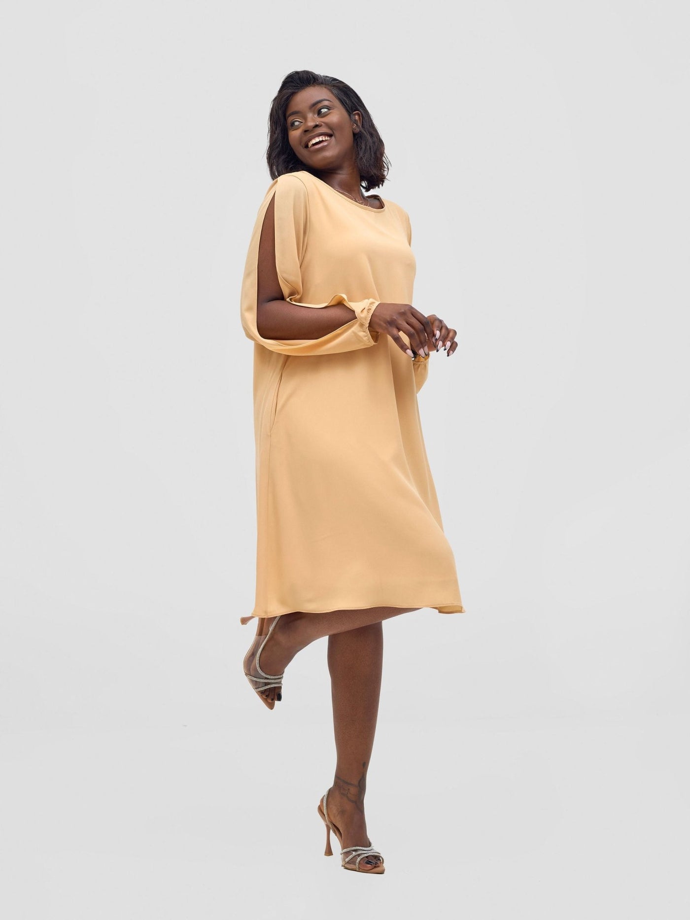 Vivo Lamu Knee Length Chiffon Dress - Beige - Shopzetu