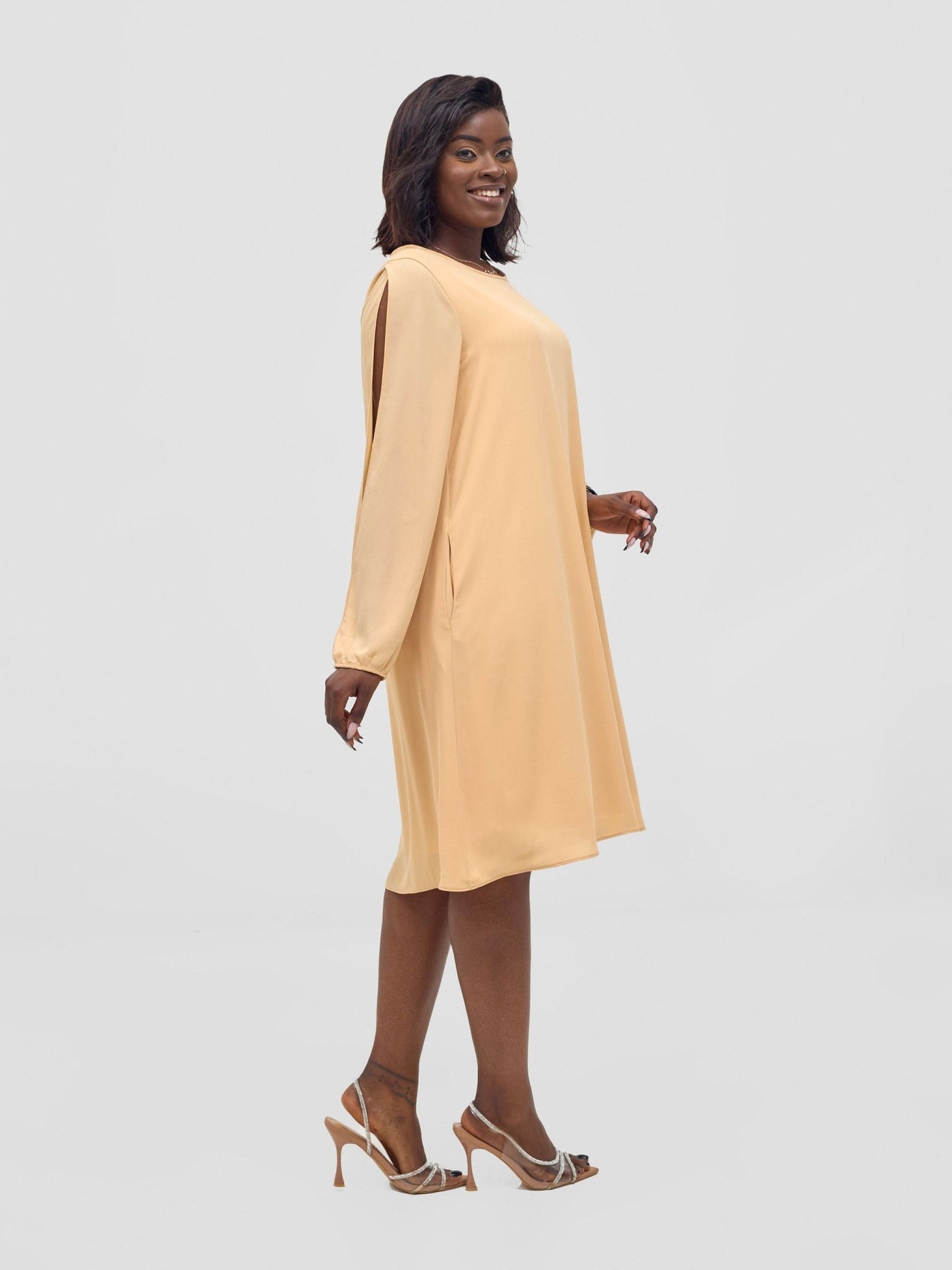 Vivo Lamu Knee Length Chiffon Dress - Beige - Shopzetu