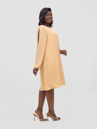 Vivo Lamu Knee Length Chiffon Dress - Beige - Shopzetu