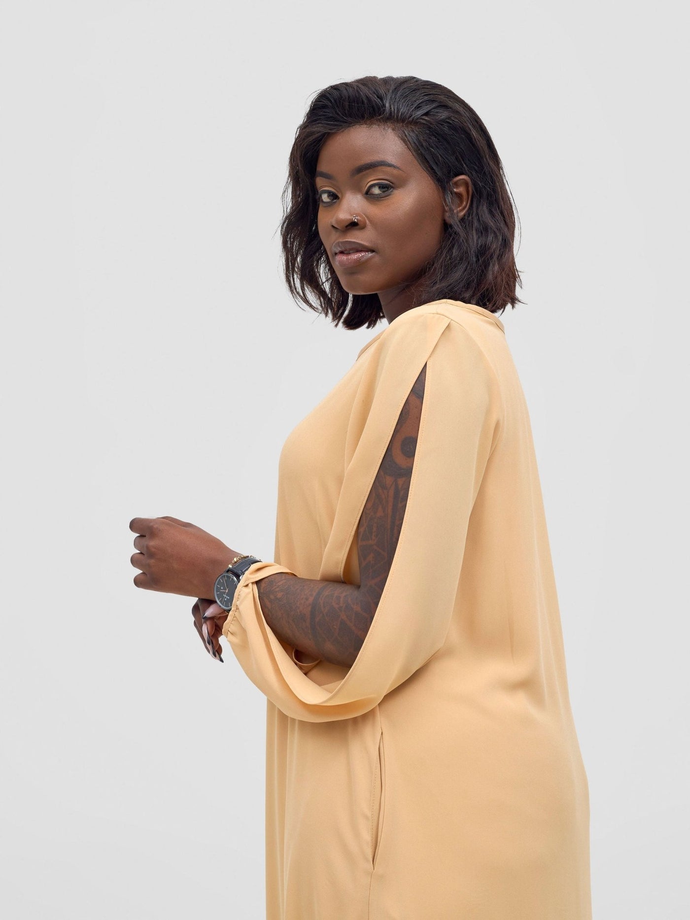 Vivo Lamu Knee Length Chiffon Dress - Beige - Shopzetu