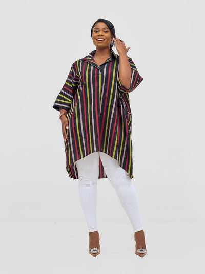 Vivo Mistari 3/4 Sleeve V - Neck Collared Tunic Top - Red / Olive Stripes - Shopzetu